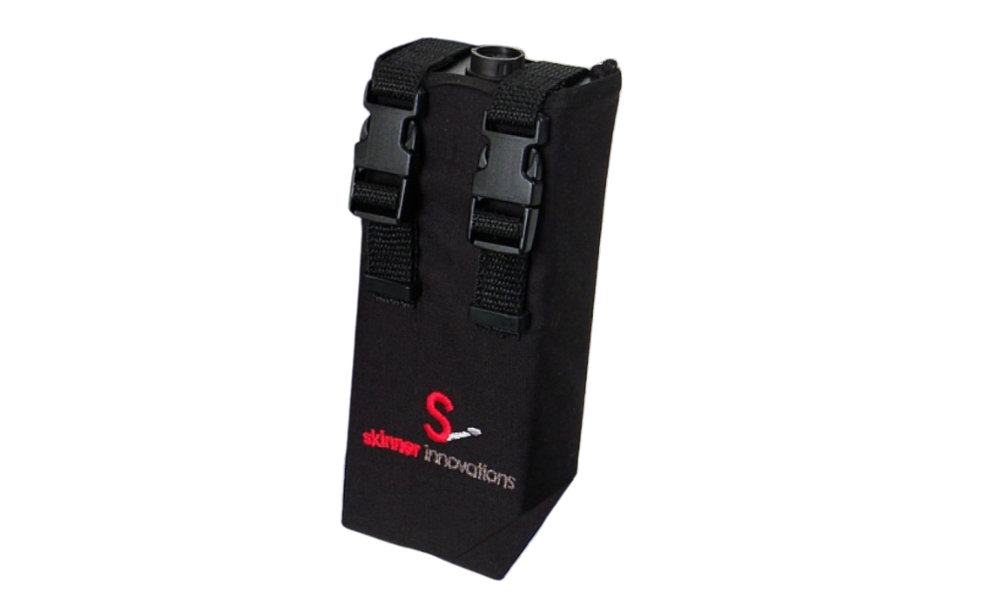 Skinner Innovations battery holster with black fabric, dual buckle straps, and embroidered logo.