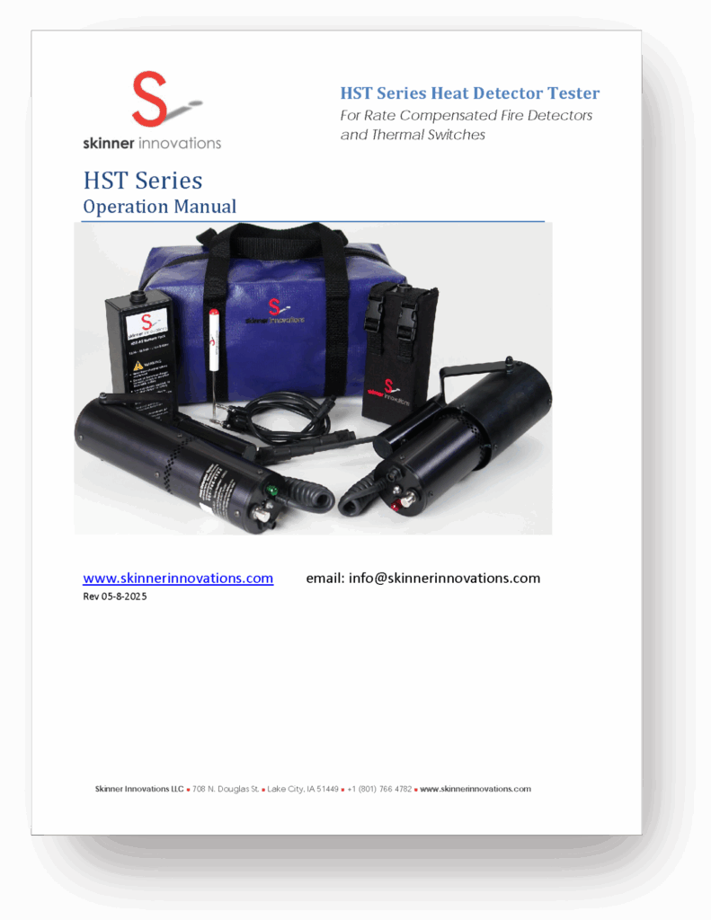 Skinner Innovations HST Series Heat Detector Tester Operation Manual cover with tester units and carrying case.