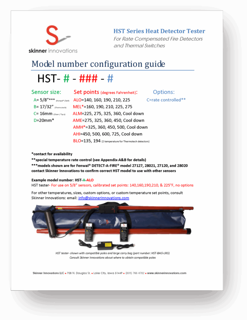Skinner Innovations HST Series Heat Detector Tester model number configuration guide with sensor sizes, set points, and options.