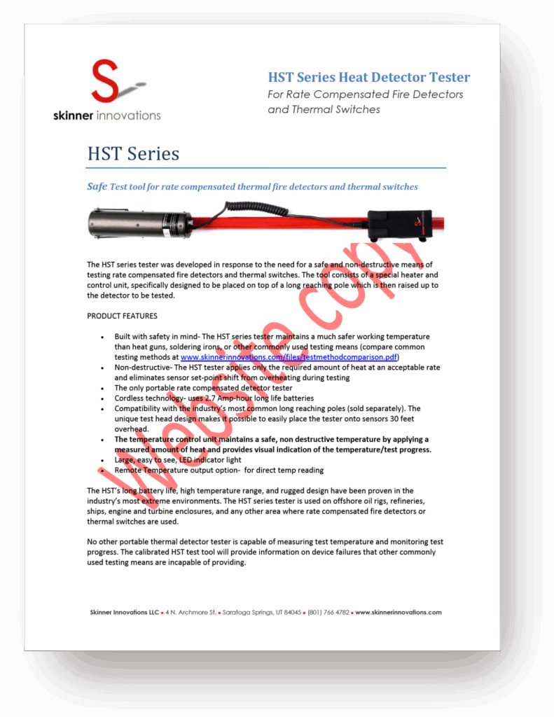 Skinner Innovations HST Series Heat Detector Tester brochure with product image, features, and benefits.