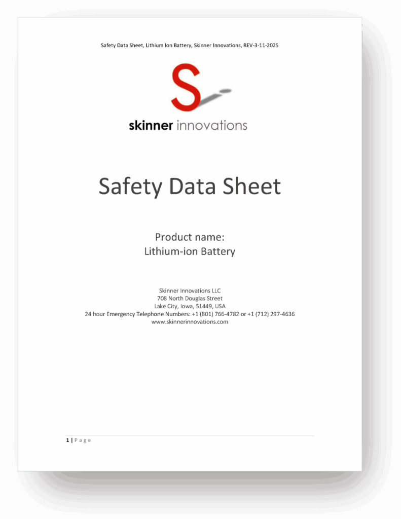 Skinner Innovations Safety Data Sheet cover for lithium-ion battery used in HST Series Heat Detector Testers.