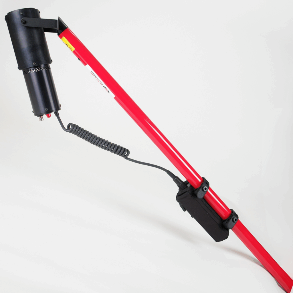 Skinner Innovations HST Series Heat Detector Tester with battery pack mounted on red extension pole.