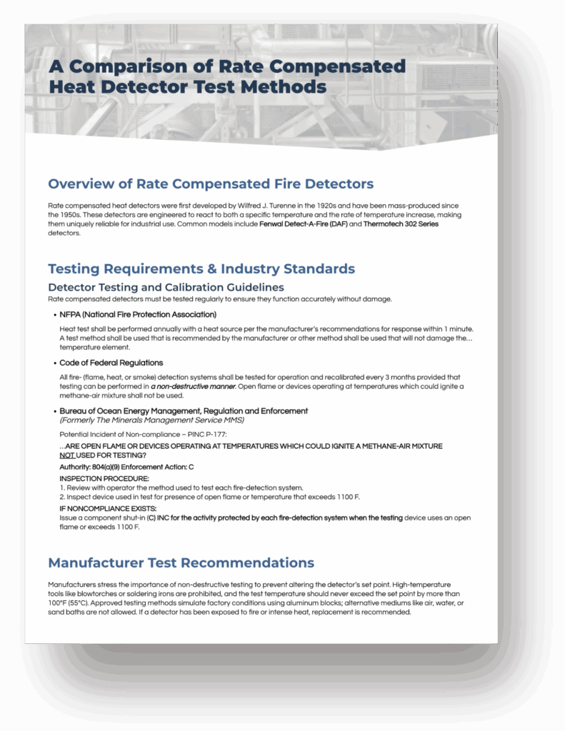 Skinner Innovations document titled &ldquo;A Comparison of Rate Compensated Heat Detector Test Methods&rdquo; with industry standards and test guidelines.