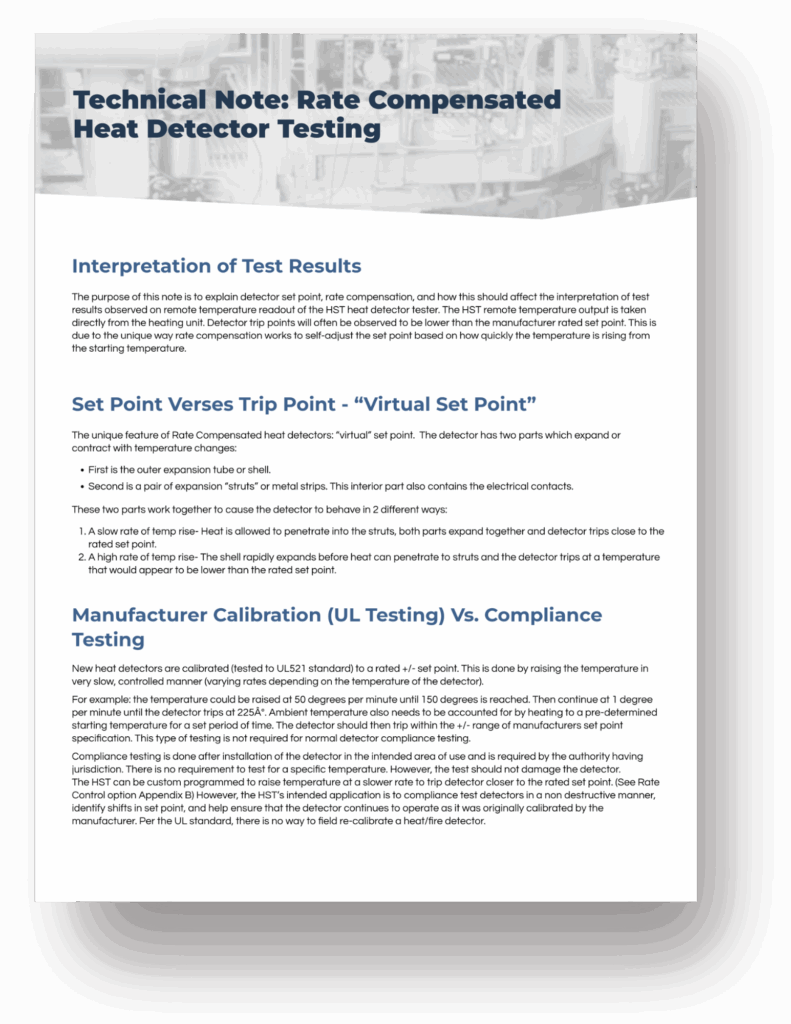 Skinner Innovations Technical Note on Rate Compensated Heat Detector Testing with guidance on interpretation, set points, and compliance testing.